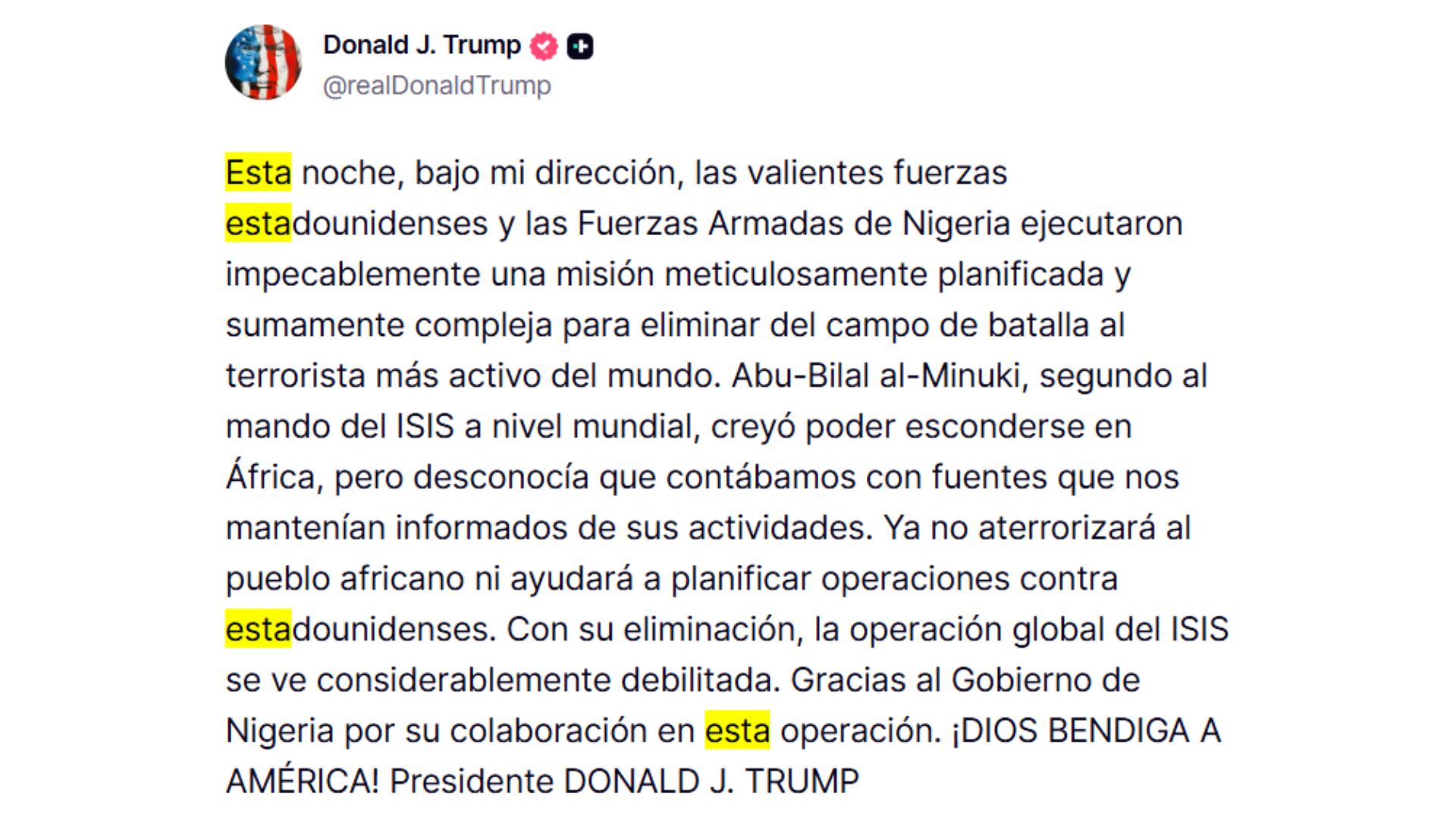 El anuncio de Donald Trump sobre la misión de las fuerzas estadounidenses y nigerianas contra el segundo al mando de ISIS (@realDonaldTrump)