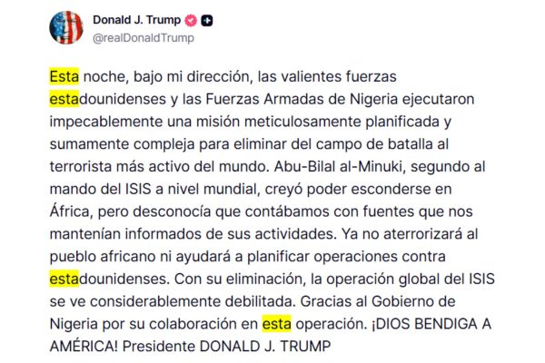 Donald Trump afirmó que las fuerzas de EEUU y Nigeria eliminaron a Abu-Bilal al-Minuki, el segundo al mando de ISIS