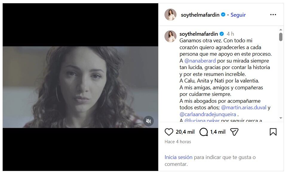 Thelma Fardin agradeció públicamente en Instagram a su pareja, Nicolás Riera, por el apoyo durante el proceso judicial contra Juan Darthés