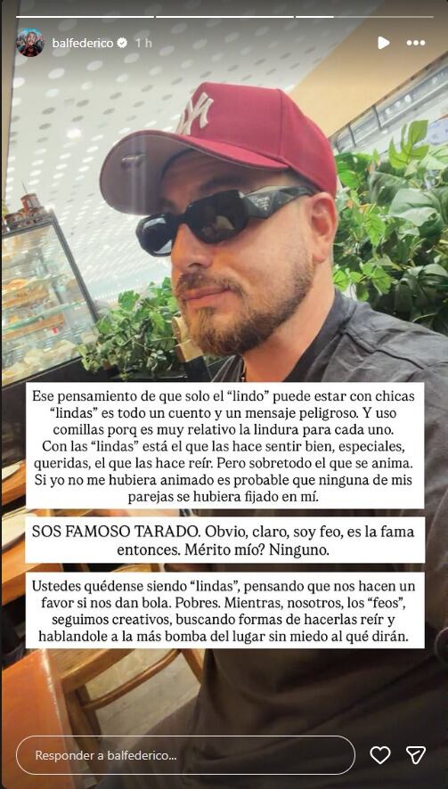 El descargo que compartió Fede en sus redes sociales 