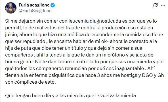 El duro posteo de Furia Scaglione contra Cata Gorostidi