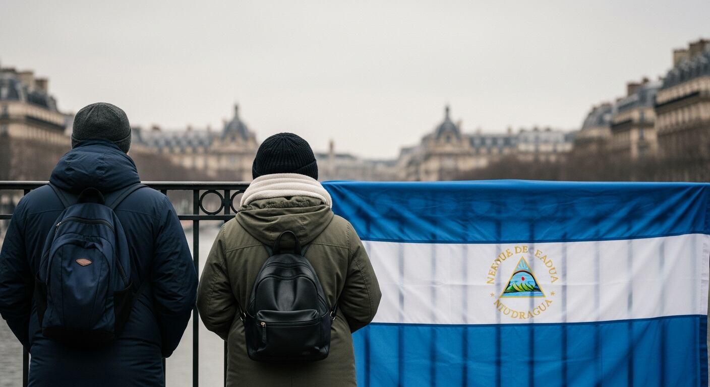 Dos figuras de espaldas observan la bandera de Nicaragua desplegada sobre una reja en París bajo un cielo gris, evocando una profunda nostalgia y una denuncia silenciosa de su situación. (Imagen Ilustrativa Infobae)