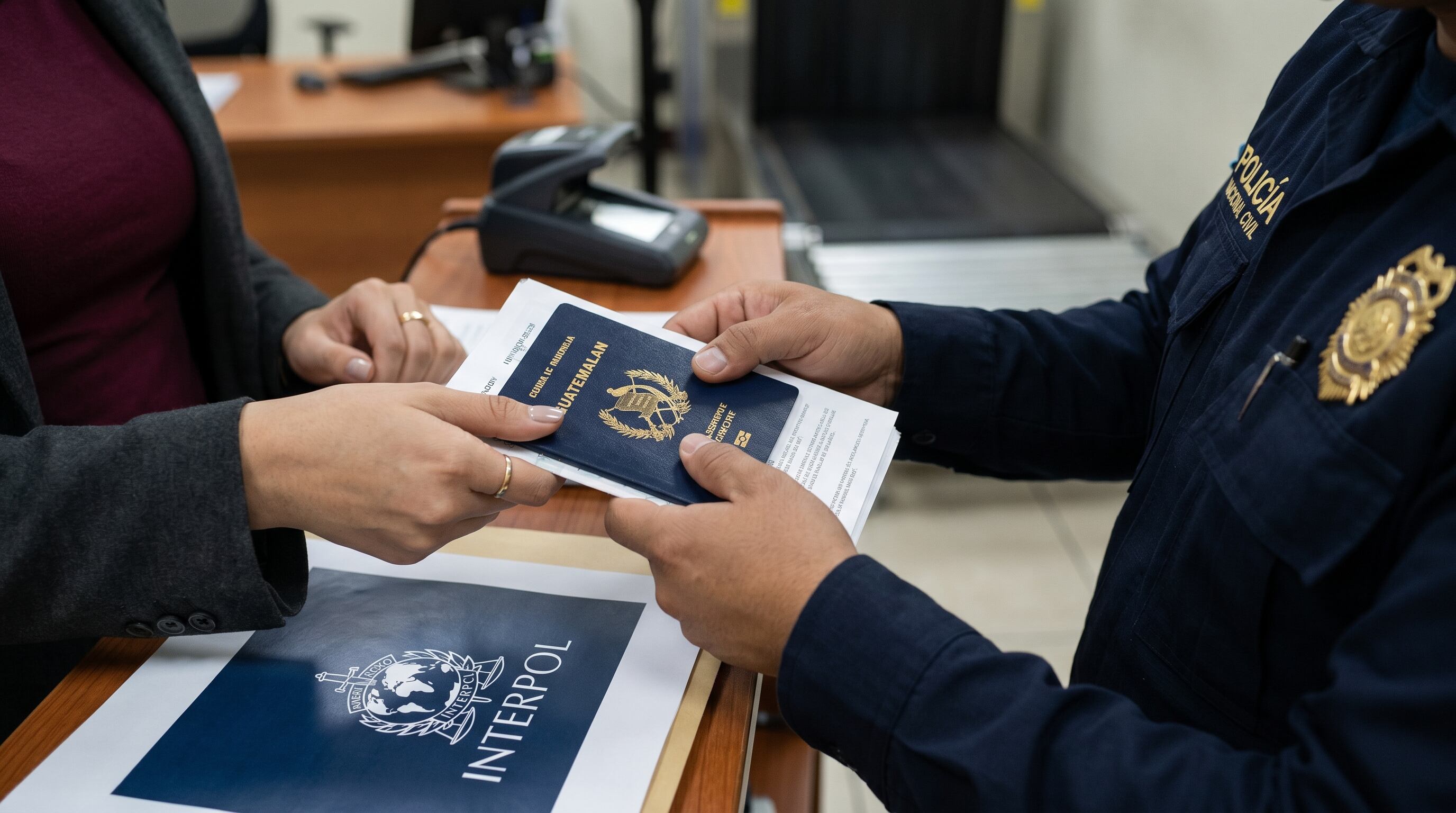 Unas manos femeninas entregan un pasaporte guatemalteco y documentos a un agente de la Policía Nacional Civil en un puesto de control migratorio, con el logo de INTERPOL visible en una carpeta. (Imagen Ilustrativa Infobae)