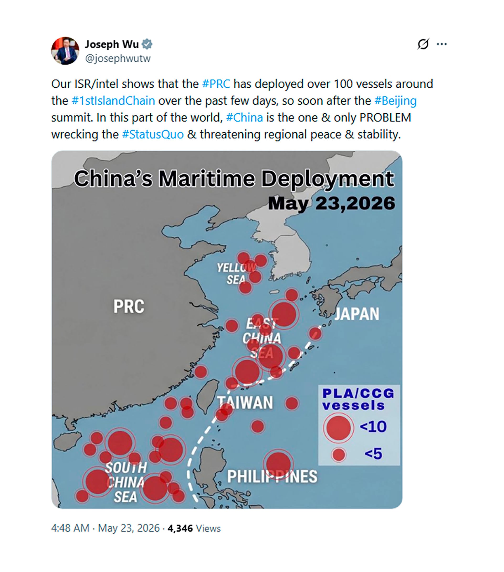 Un mapa ilustra el despliegue marítimo de China con más de 100 buques cerca de Taiwán (Joseph Wu X)