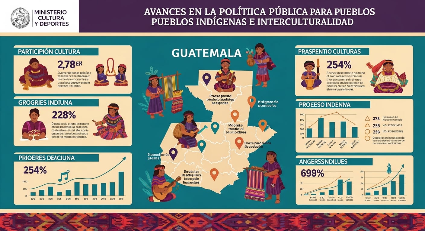 El Ministerio de Cultura y Deportes de Guatemala presenta una infografía detallando los avances de su política pública enfocada en pueblos indígenas e interculturalidad, mostrando datos y representaciones culturales. (Imagen Ilustrativa Infobae)