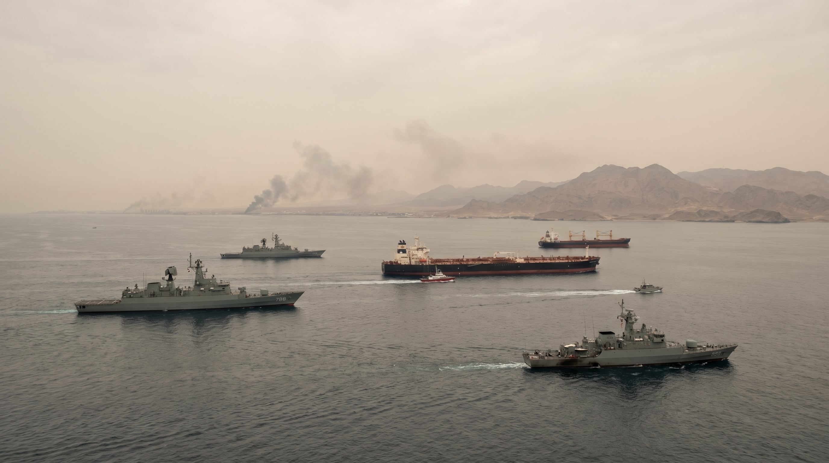 Buques militares y petroleros navegan por el Estrecho de Ormuz con humo visible en la costa, en medio del conflicto de Medio Oriente. (Imagen Ilustrativa Infobae)