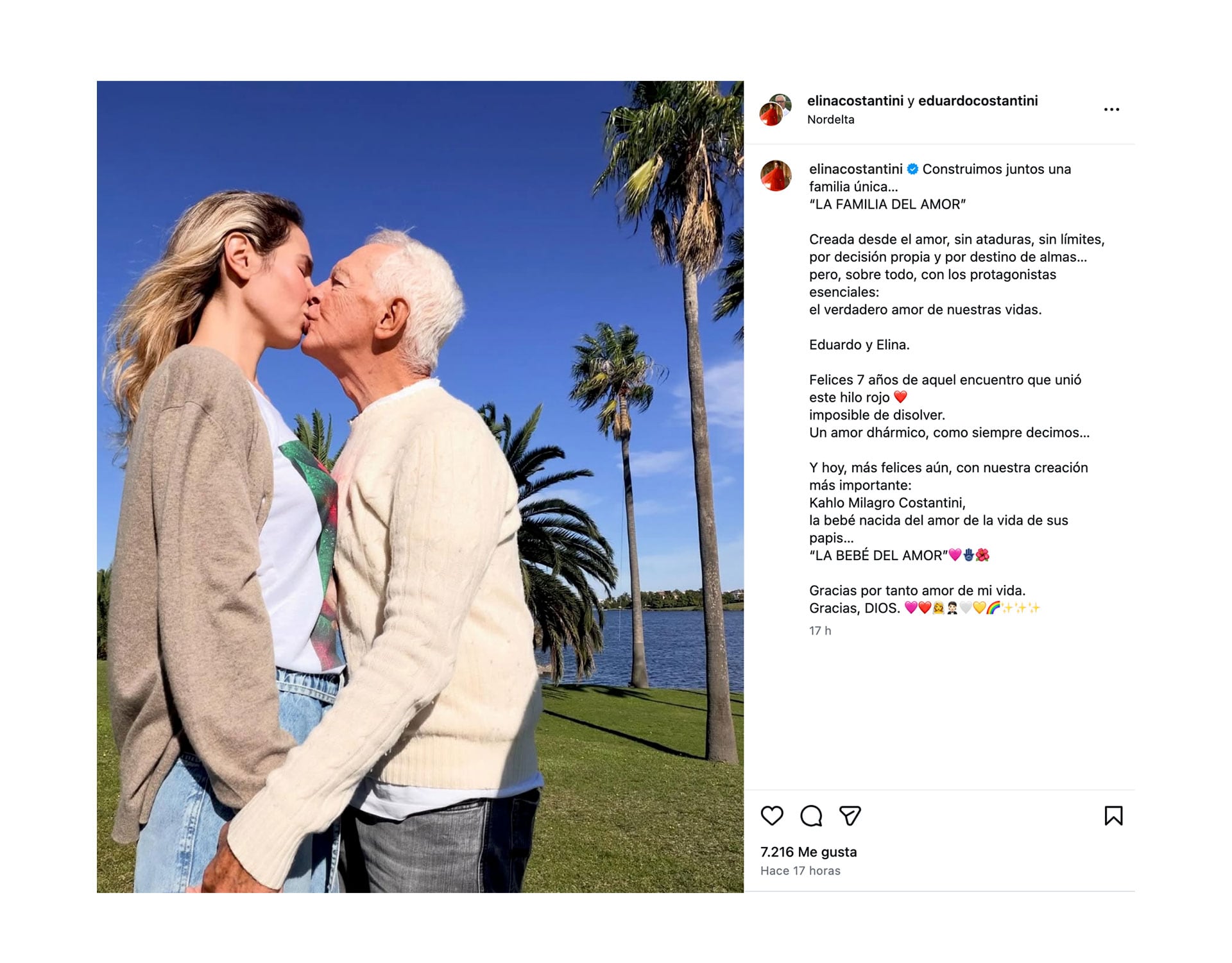 El posteo de aniversario de Elina Costantini funcionó como una carta abierta y profunda sobre el sentido de familia, el vínculo de pareja y el crecimiento mutuo