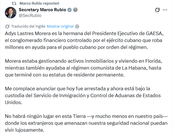 El anuncio del arresto de la hermana del presidente ejecutivo de la corporación militar de la dictadura cubana GAESA