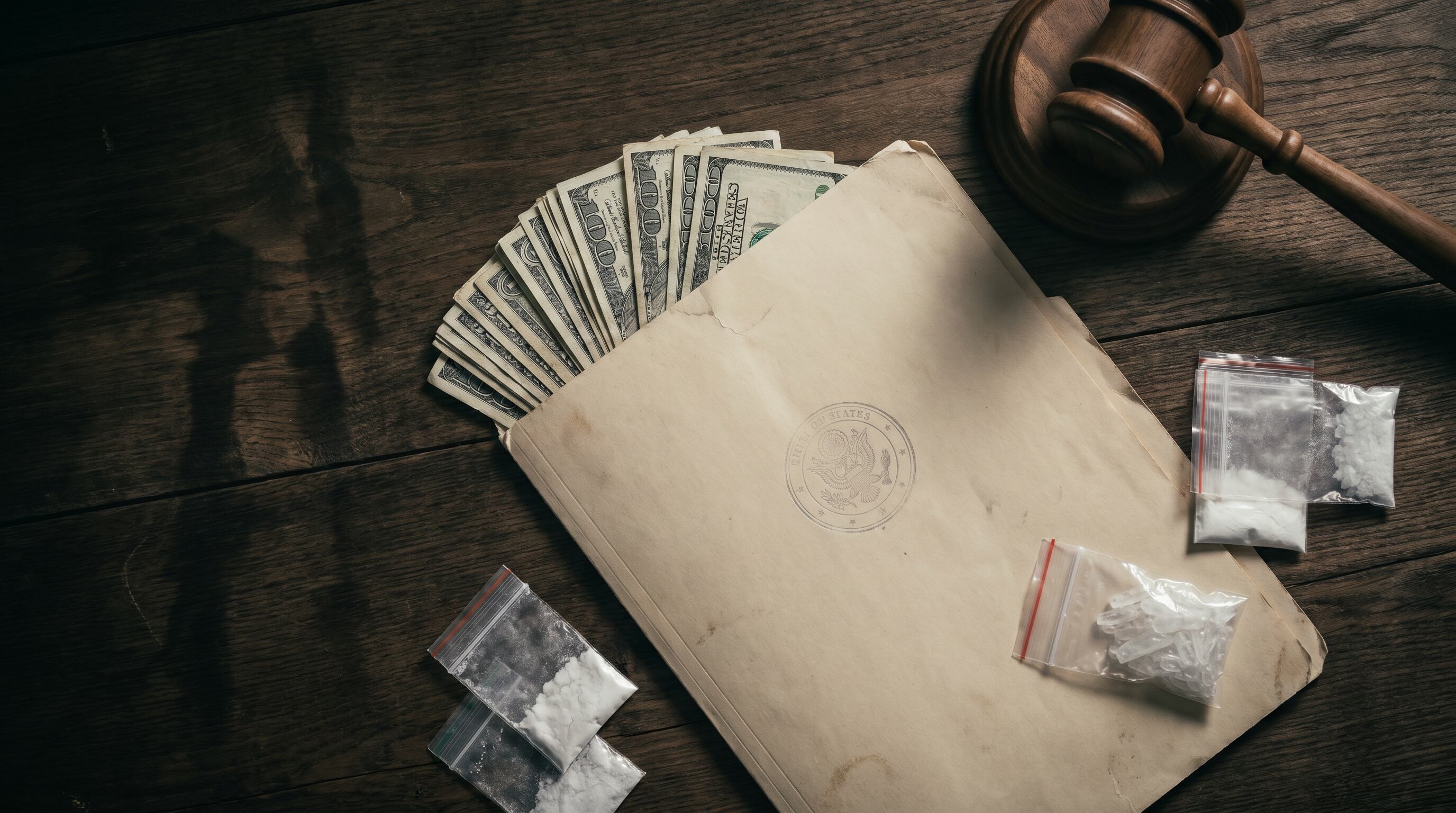 Una vista cenital muestra una mesa de madera oscura con un expediente judicial, un mazo de juez, bolsas de sustancias incautadas y billetes de dólar, sugiriendo una investigación criminal. (Imagen Ilustrativa Infobae)