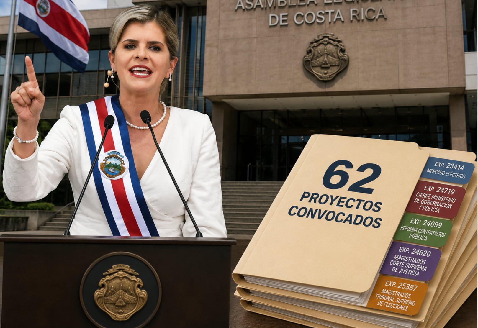 El Poder Ejecutivo, encabezado por Laura Fernández, convocó 62 proyectos de ley para el actual periodo de sesiones extraordinarias en la Asamblea Legislativa. Crédito: Imagen generada con Inteligencia Artificial