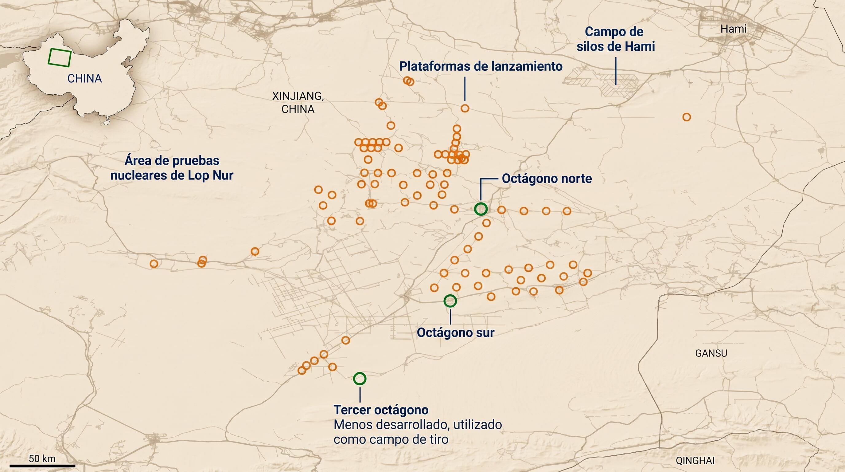 Infografía que muestra la ubicación de las plataformas de lanzamiento y los campos de silos de misiles en la región de Xinjiang, China, cerca del área de pruebas nucleares de Lop Nur. (Imagen Ilustrativa Infobae)