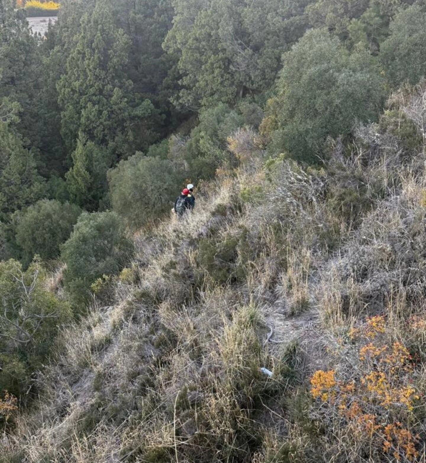 Un rescatista del SPLIF asciende por una empinada ladera cubierta de vegetación seca y arbustos, en el marco del operativo de rastrillaje de la mujer desaparecida
