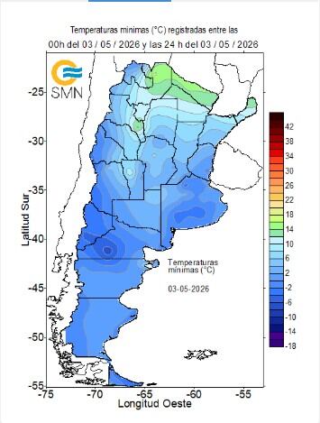 El Servicio Meteorológico Nacional (SMN) publicó un mapa con el registro de las mínimas en todo el país