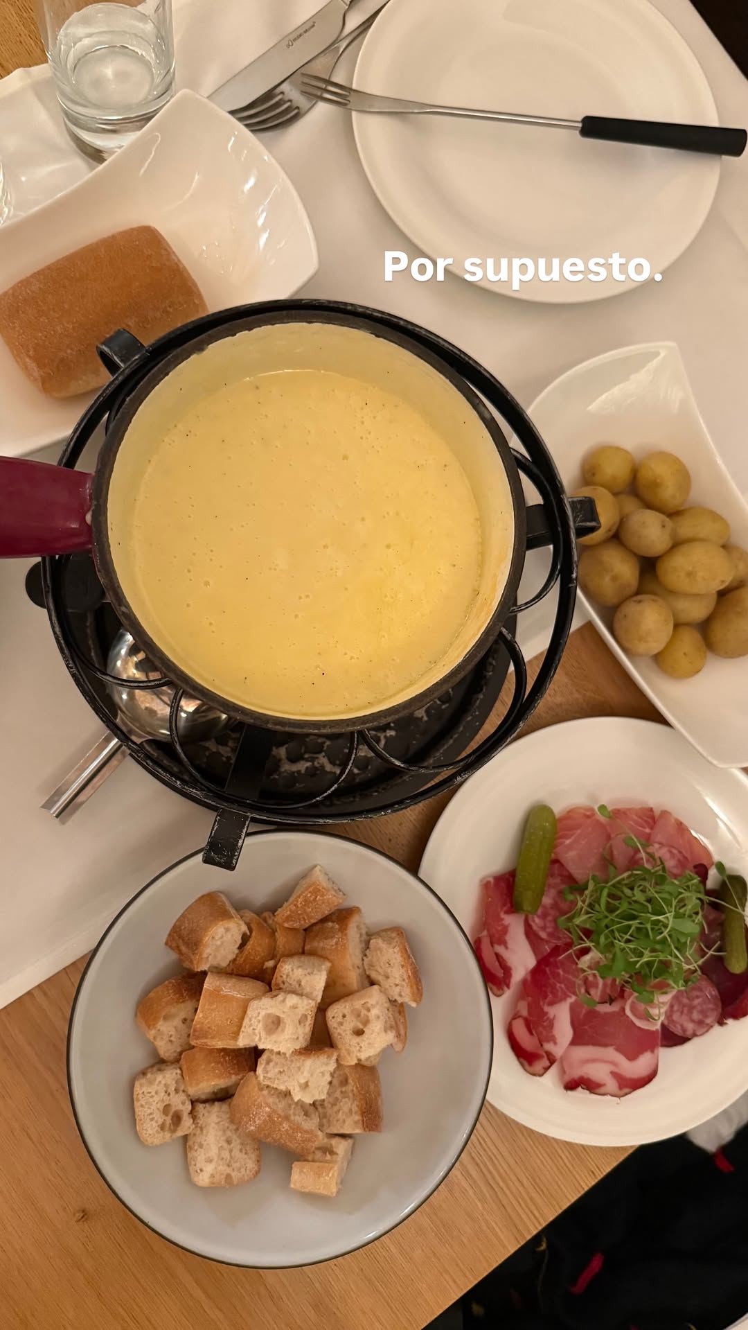 Durante sus vacaciones familiares en Suiza, la artista se deleitó con una tradicional fondue de queso, acompañada de patatas, embutidos y pan, una experiencia culinaria típica del país