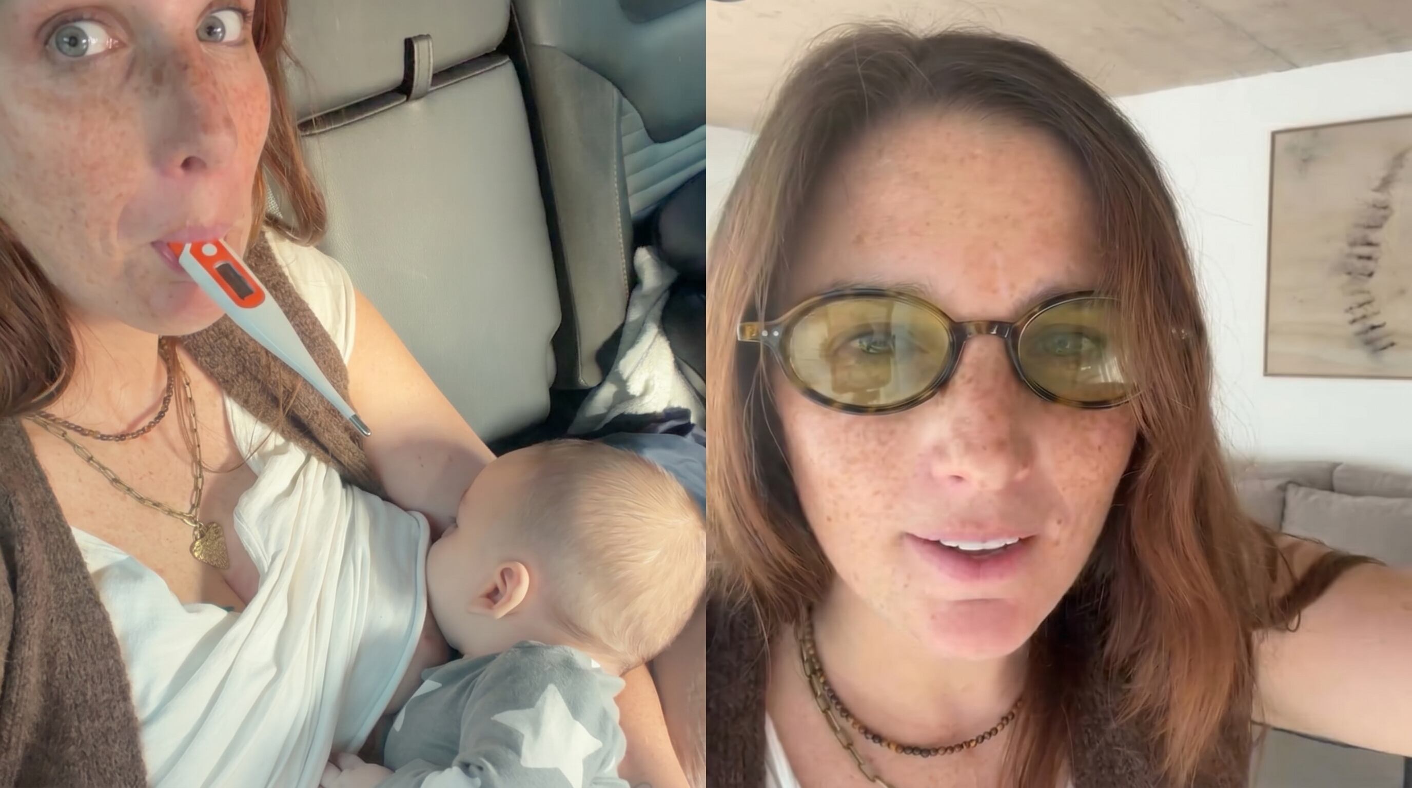 Juana Repetto con Timoteo en brazos y un termómetro en la boca al llevarlo al médico