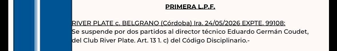 La sanción del Tribunal de Disciplina de la AFA para Eduardo Coudet por su reacción al término de la final que River Plate perdió ante Belgrano en Córdoba