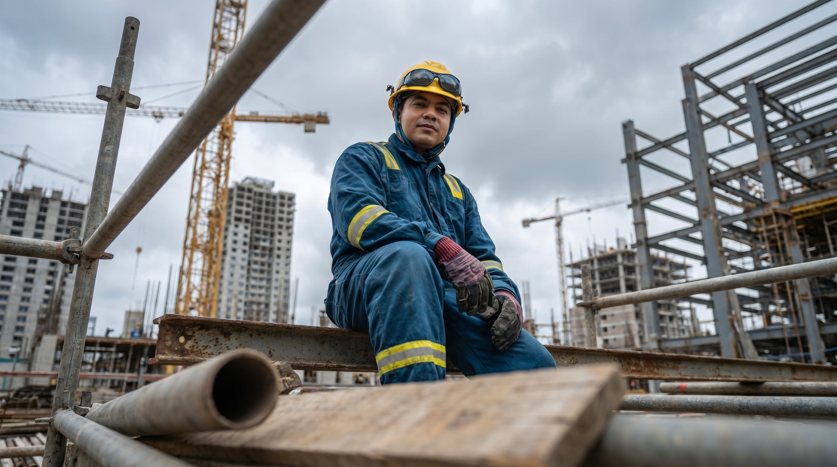Un trabajador de la construcción latino, con casco amarillo y gafas de seguridad, se sienta en una viga con una mirada tranquila y confiada, en un sitio de construcción activo bajo un cielo nublado. (Imagen Ilustrativa Infobae)