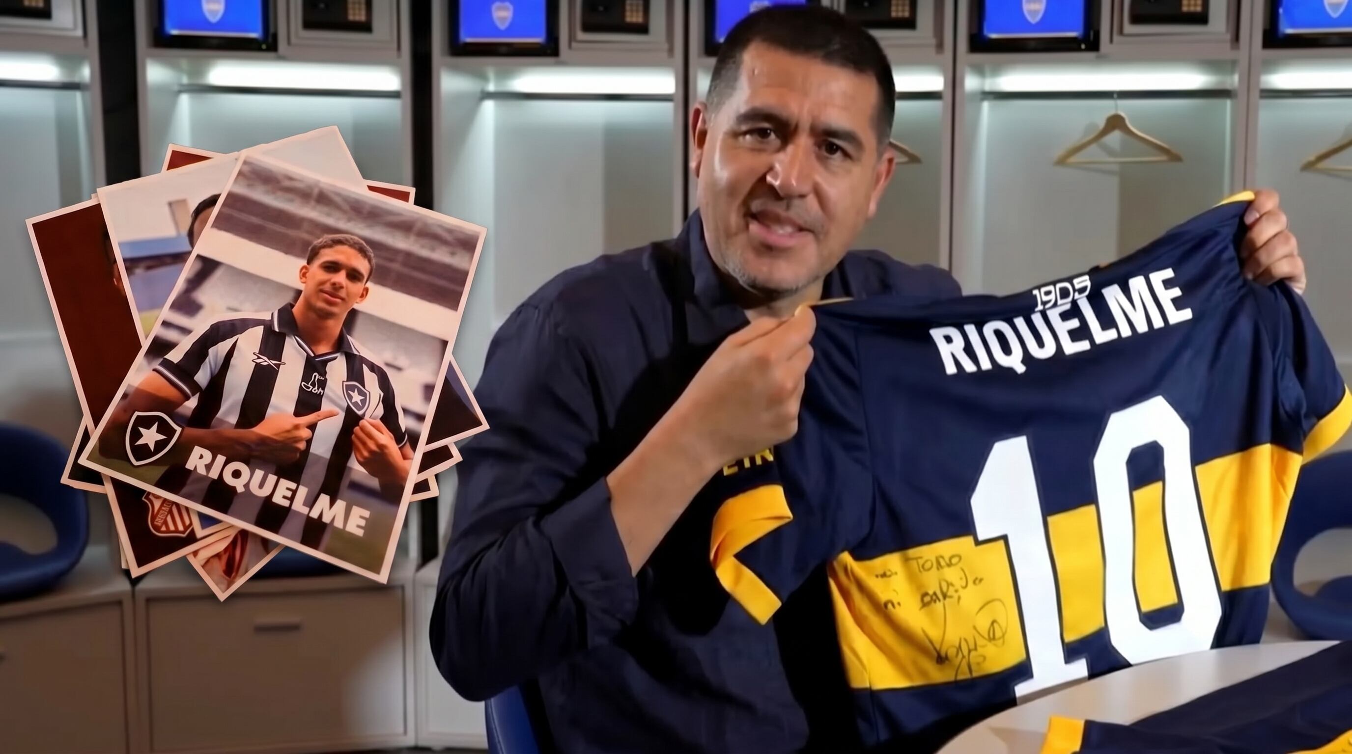 Juan Román Riquelme, actual presidente de Boca Juniors, reacciona con emoción al ver una imagen de un futbolista llamado como él