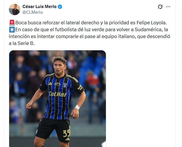 Felipe Loyola, el nuevo apuntado por la dirigencia de Boca, según informó el periodista César Luis Merlo