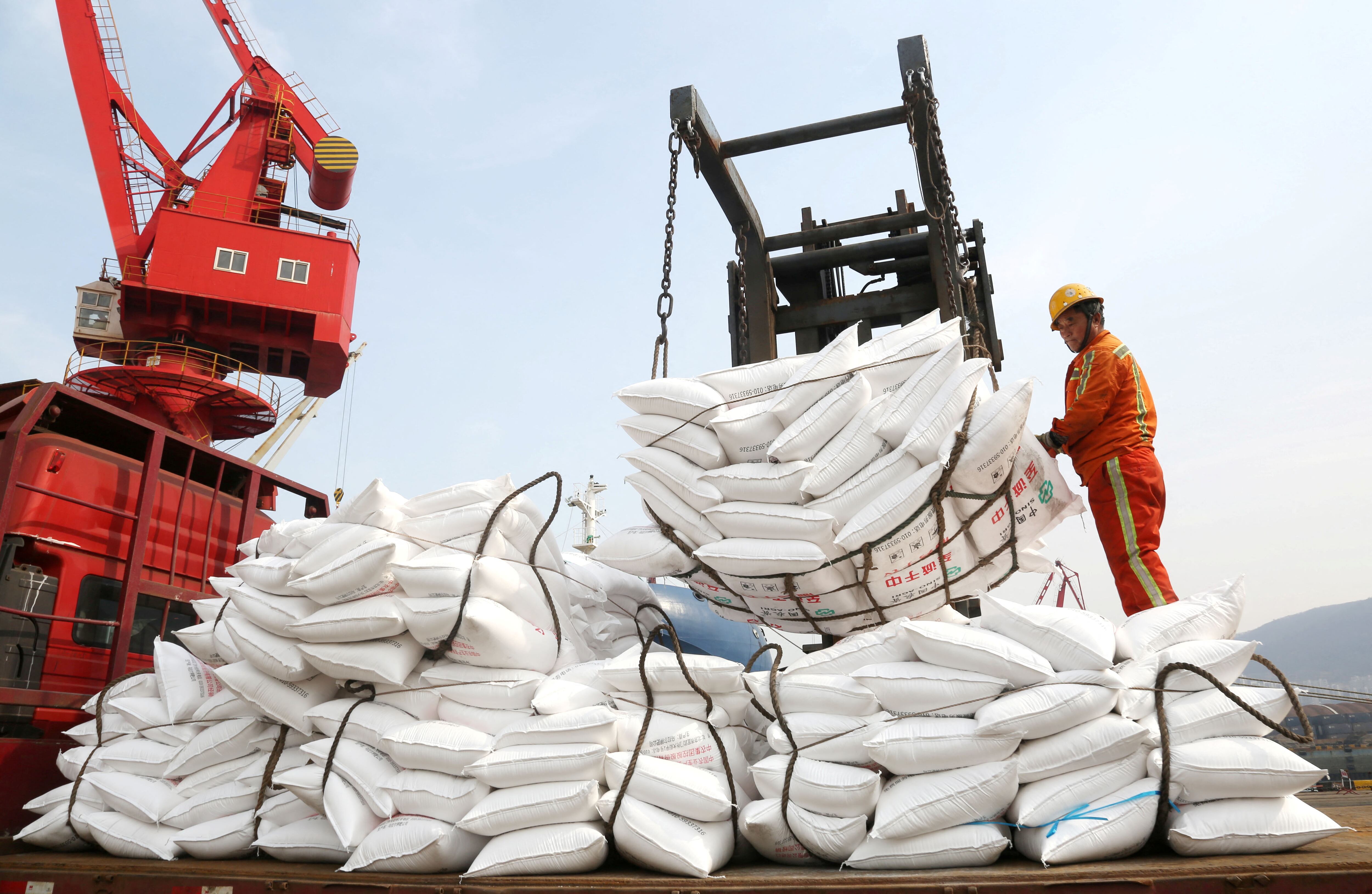 Un trabajador junto a sacos de fertilizantes descargados de un carguero en un puerto de Lianyungang, provincia de Jiangsu, China. 15 de febrero de 2025. cnsphoto via REUTERS 