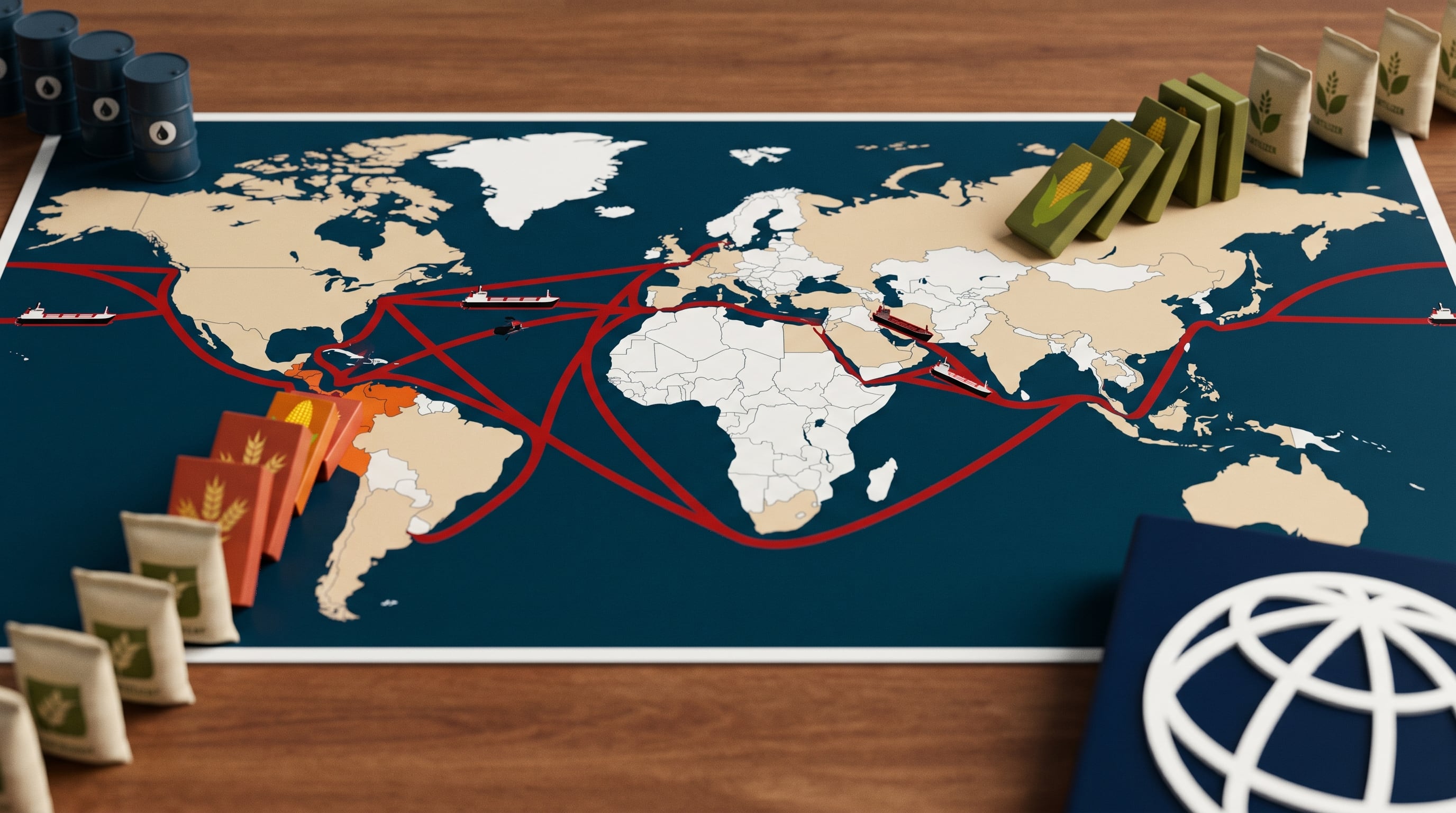 Un mapa conceptual del mundo muestra rutas marítimas interrumpidas en el Estrecho de Ormuz, con barriles de petróleo, fertilizantes y alimentos cayendo en efecto dominó hacia Centroamérica, simbolizando la tensión geopolítica. (Imagen Ilustrativa Infobae)