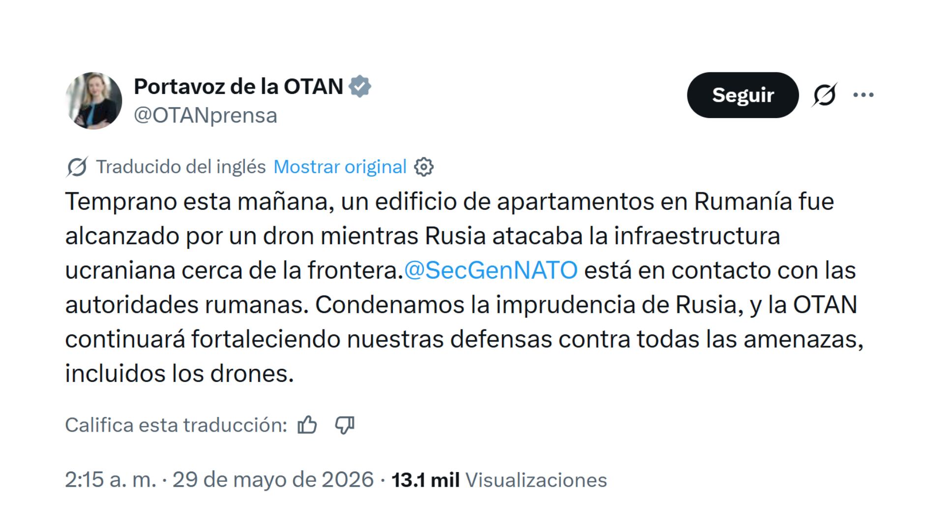 El mensaje de la portavoz de la OTAN, Allison Hart (@OTANpress)