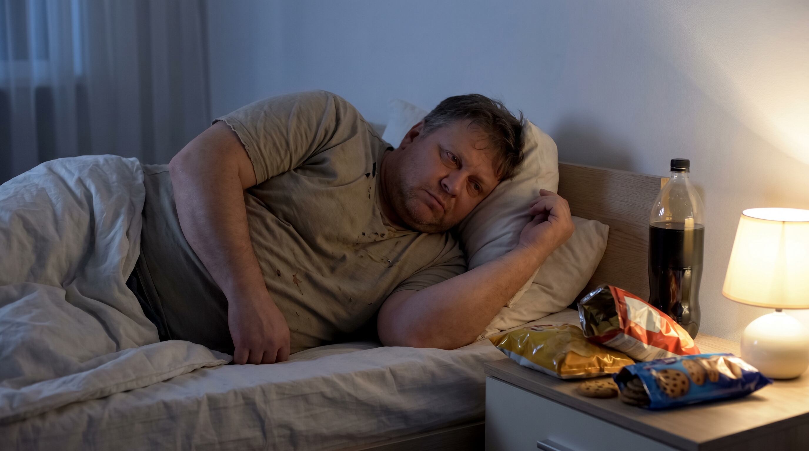 Un hombre de mediana edad con obesidad lucha por conciliar el sueño en su cama, mientras a su lado reposan varios paquetes de alimentos ultraprocesados. (Imagen Ilustrativa Infobae)