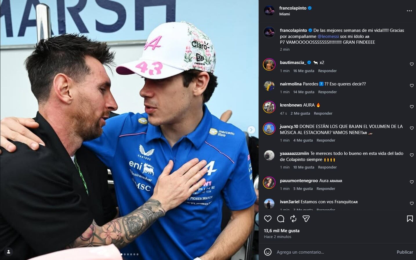 El posteo de Franco Colapinto en su Instagram
