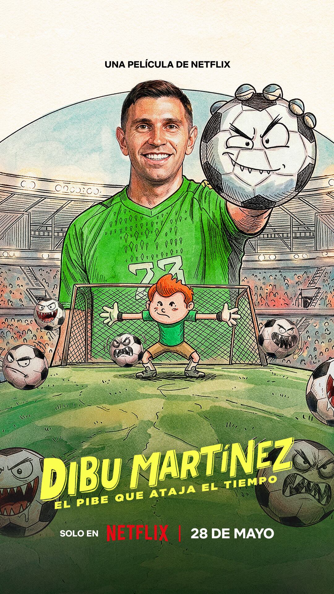 El nuevo póster promocional de Netflix para la película 'Dibu Martínez: El Pibe Que Ataja El Tiempo' presenta al portero argentino junto a una versión animada de sí mismo y balones con caricaturas. (Netflix)