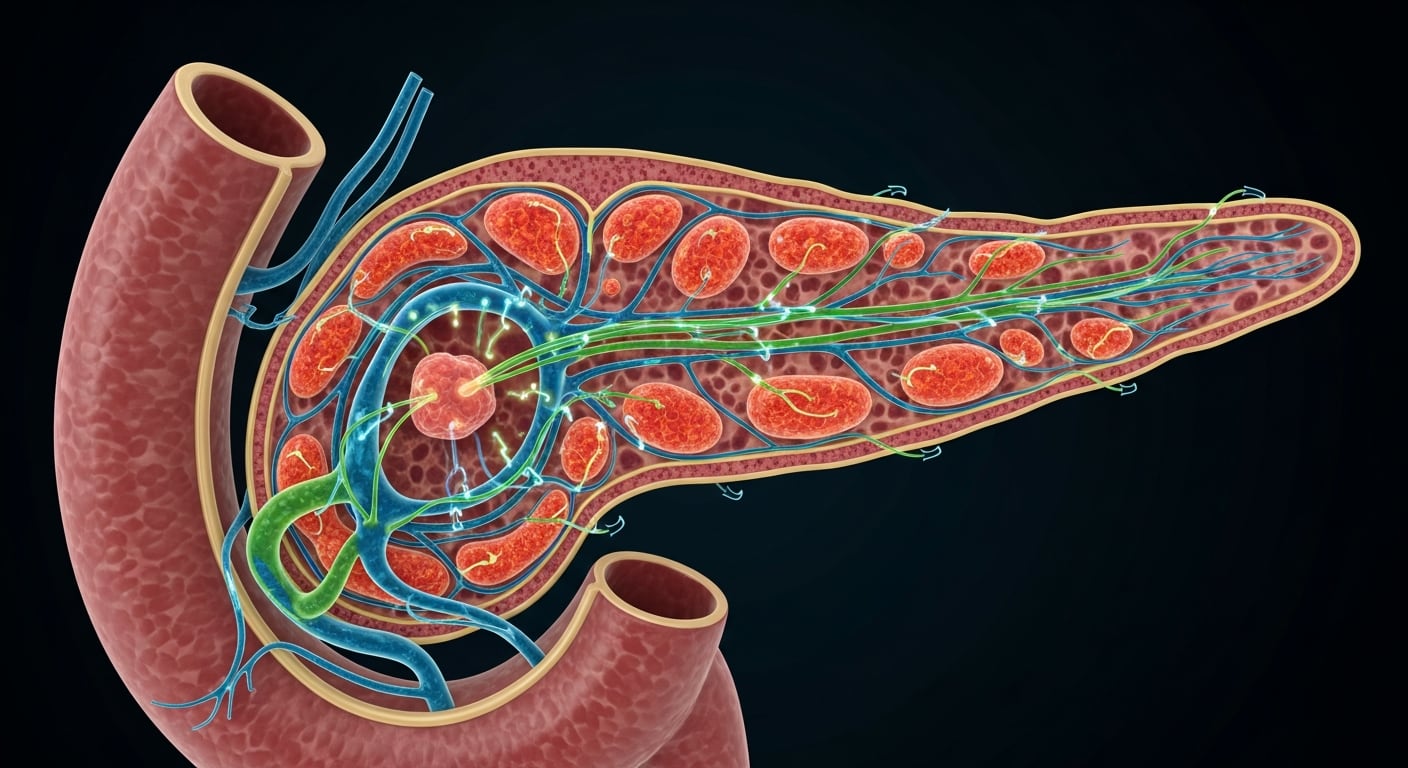 Ilustración hiperrealista muestra un corte lateral del páncreas con red nerviosa, tumor inicial y fibroblastos coloreados. (Imagen Ilustrativa Infobae)