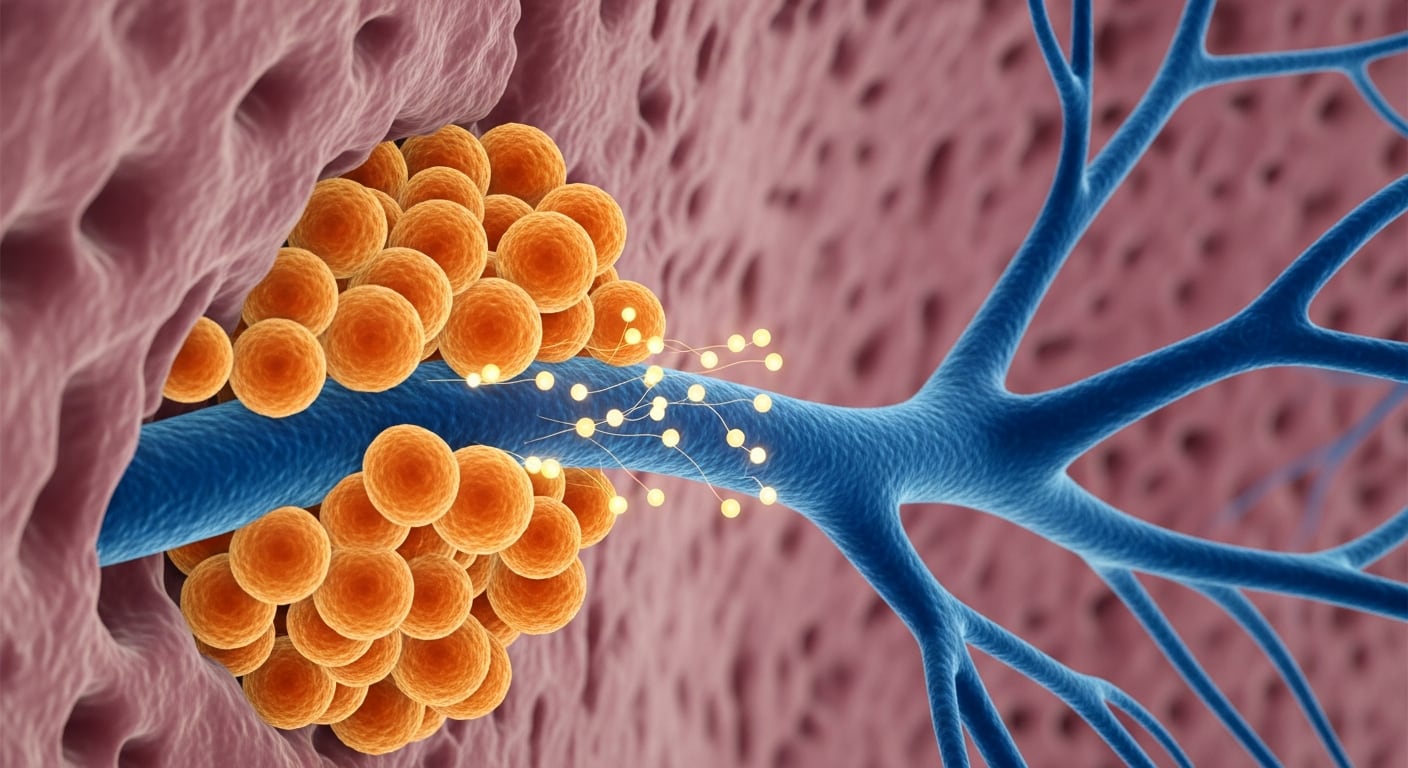 Vista hiperrealista muestra la interfaz entre una fibra nerviosa simpática azul y fibroblastos anaranjados en páncreas, con señales moleculares resaltadas. (Imagen Ilustrativa Infobae)