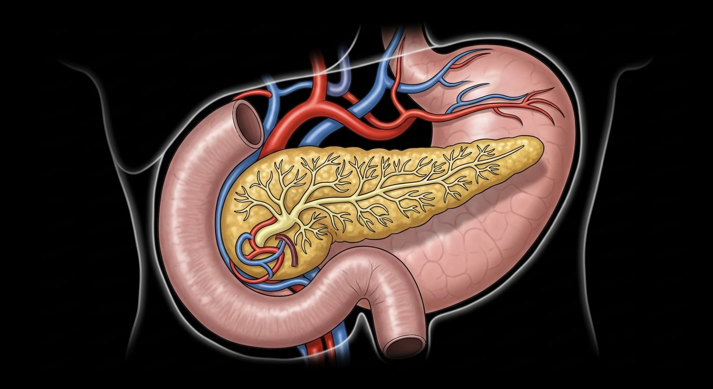 Esta ilustración científica detalla el páncreas, una glándula esencial, dentro del cuerpo humano, mostrando su forma alargada, los conductos internos y su estrecha relación con el estómago y el duodeno, junto a la red vascular. (Imagen Ilustrativa Infobae)