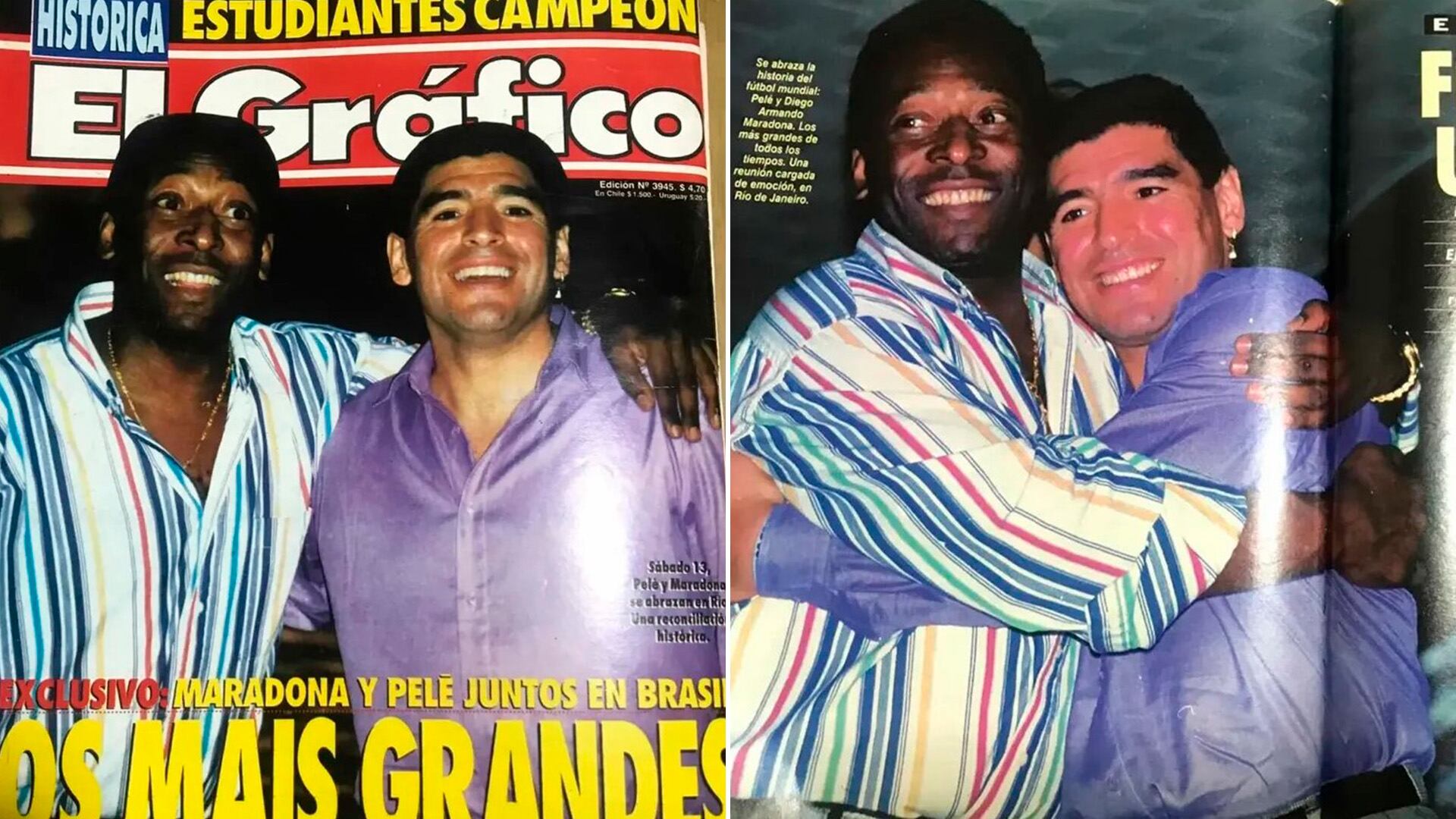 El encuentro fue la contratapa de El Gráfico y el histórico abrazo como portada del artículo