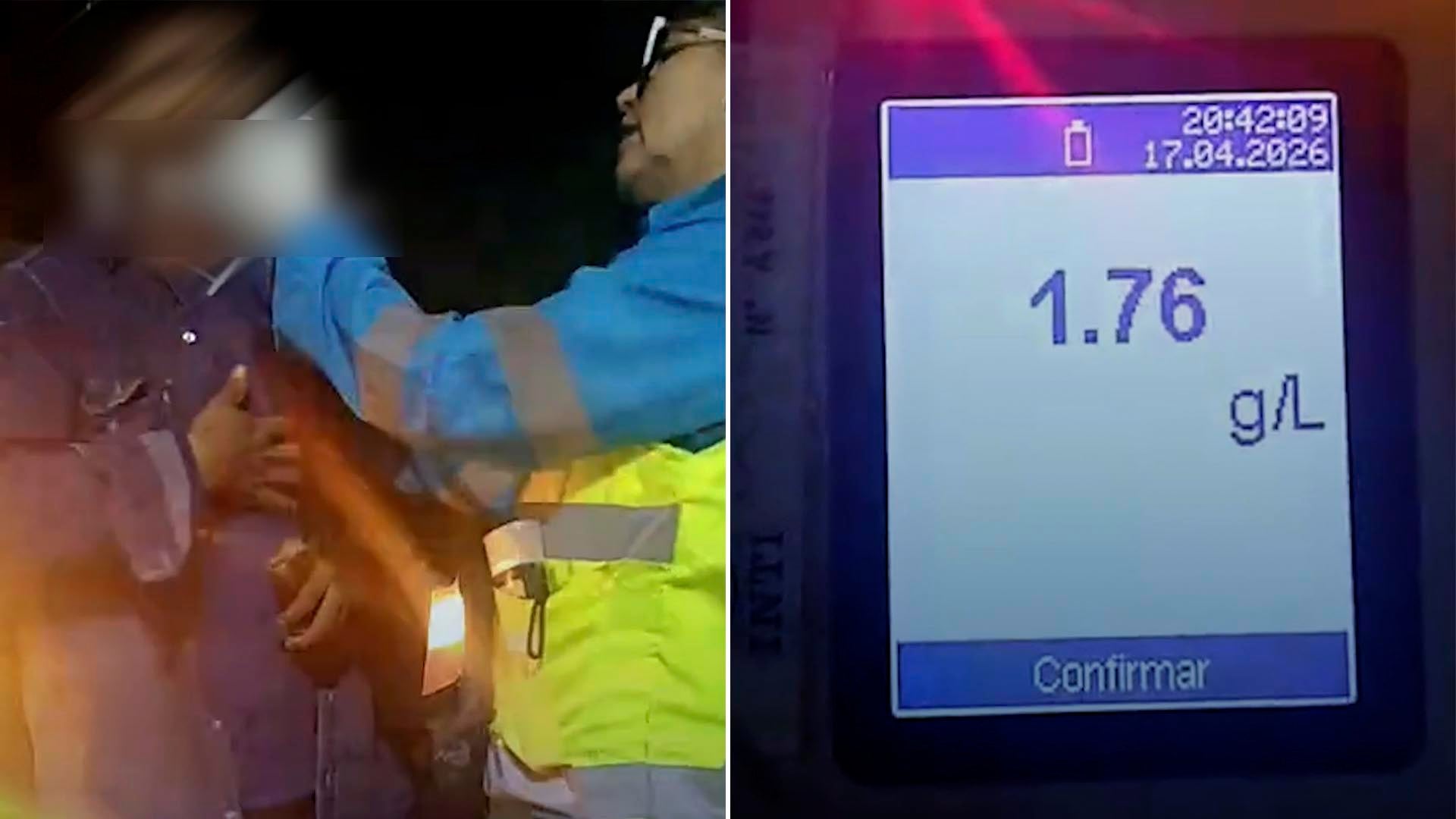 Un oficial de tránsito realiza un control a un conductor en Neuquén, donde el alcoholímetro registra un nivel de 1.76 g/L de alcohol en sangre.