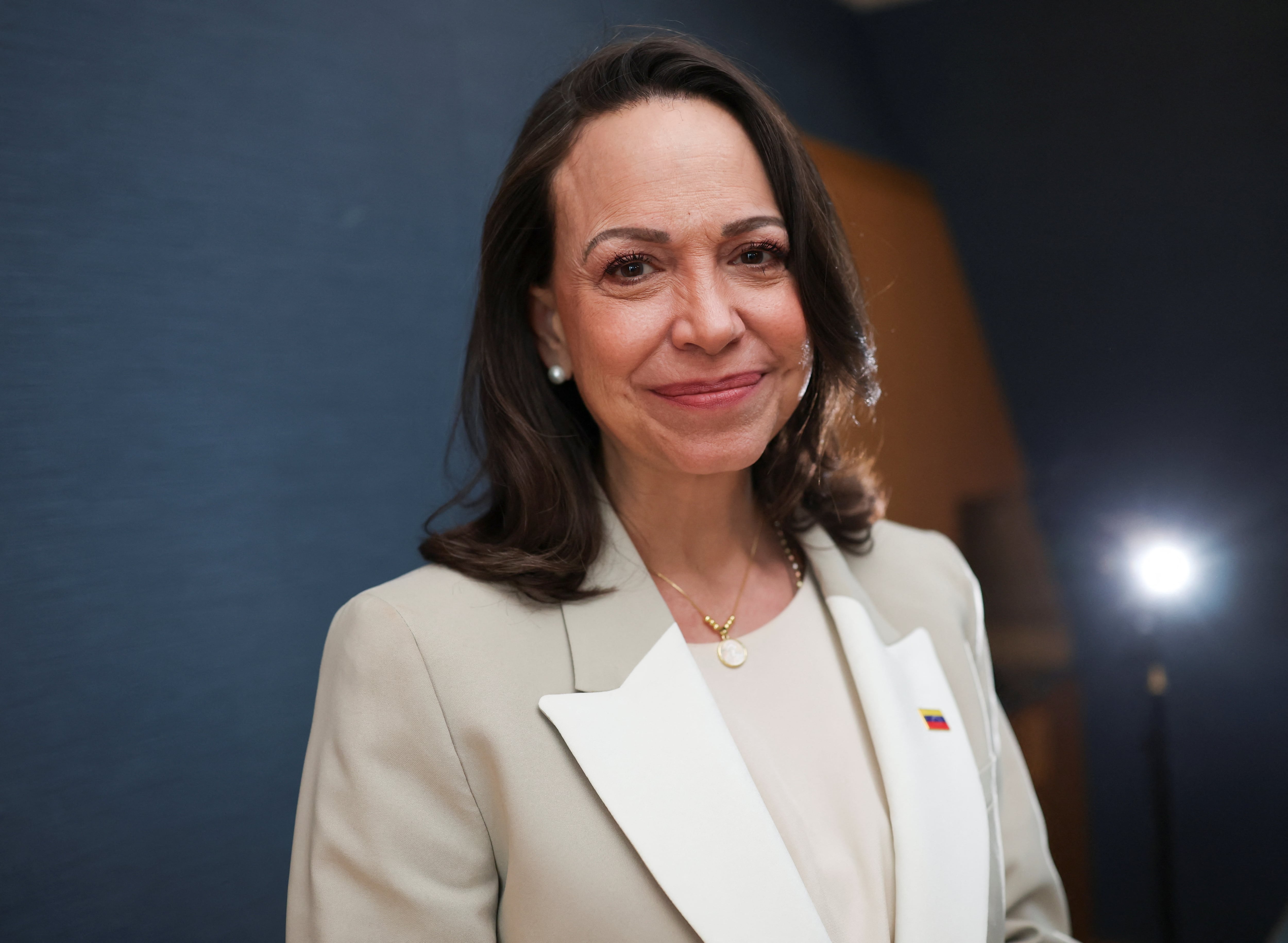 María Corina Machado durante una entrevista en Madrid, en medio del debate sobre la transición política y el futuro institucional de Venezuela (REUTERS/Isabel Infantes)