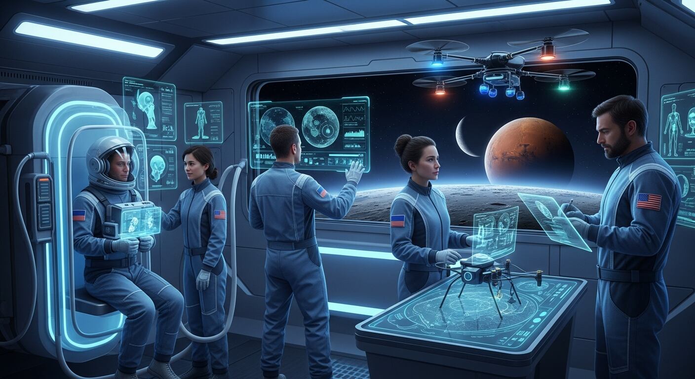 Astronautas monitorean su salud y planifican misiones en una estación espacial futurista, utilizando tecnología avanzada esencial para la exploración lunar y marciana. (Imagen Ilustrativa Infobae)