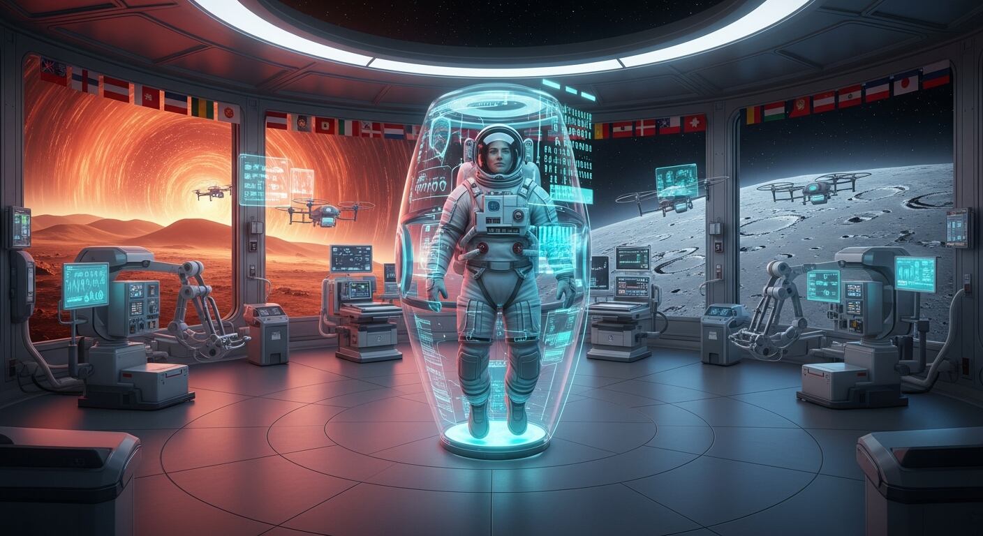 Un astronauta en un pod médico avanzado simboliza la importancia de la salud espacial para el éxito de la exploración lunar y marciana, apoyada por la colaboración internacional y tecnologías autónomas. (Imagen Ilustrativa Infobae)