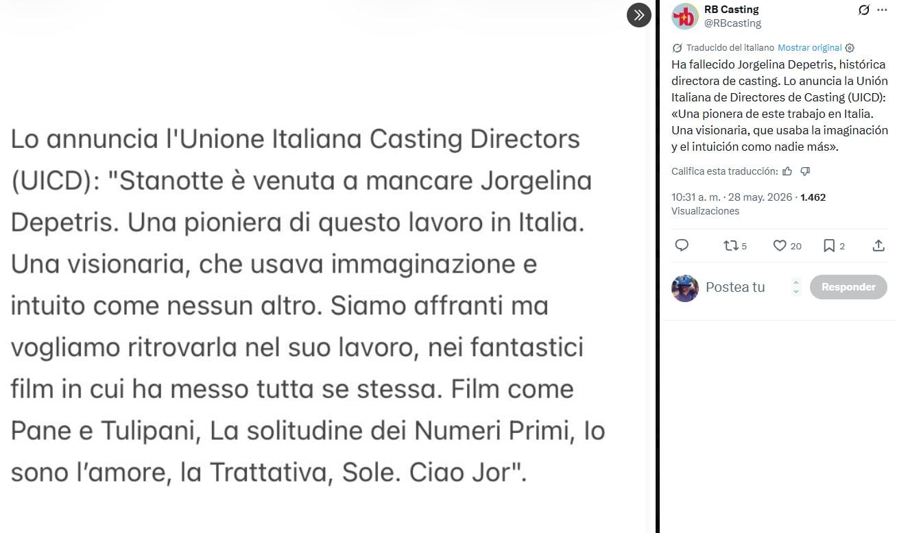 El anuncio de la Unión Italiana de Directores de Casting sobre la muerte de Jorgelina Depetris