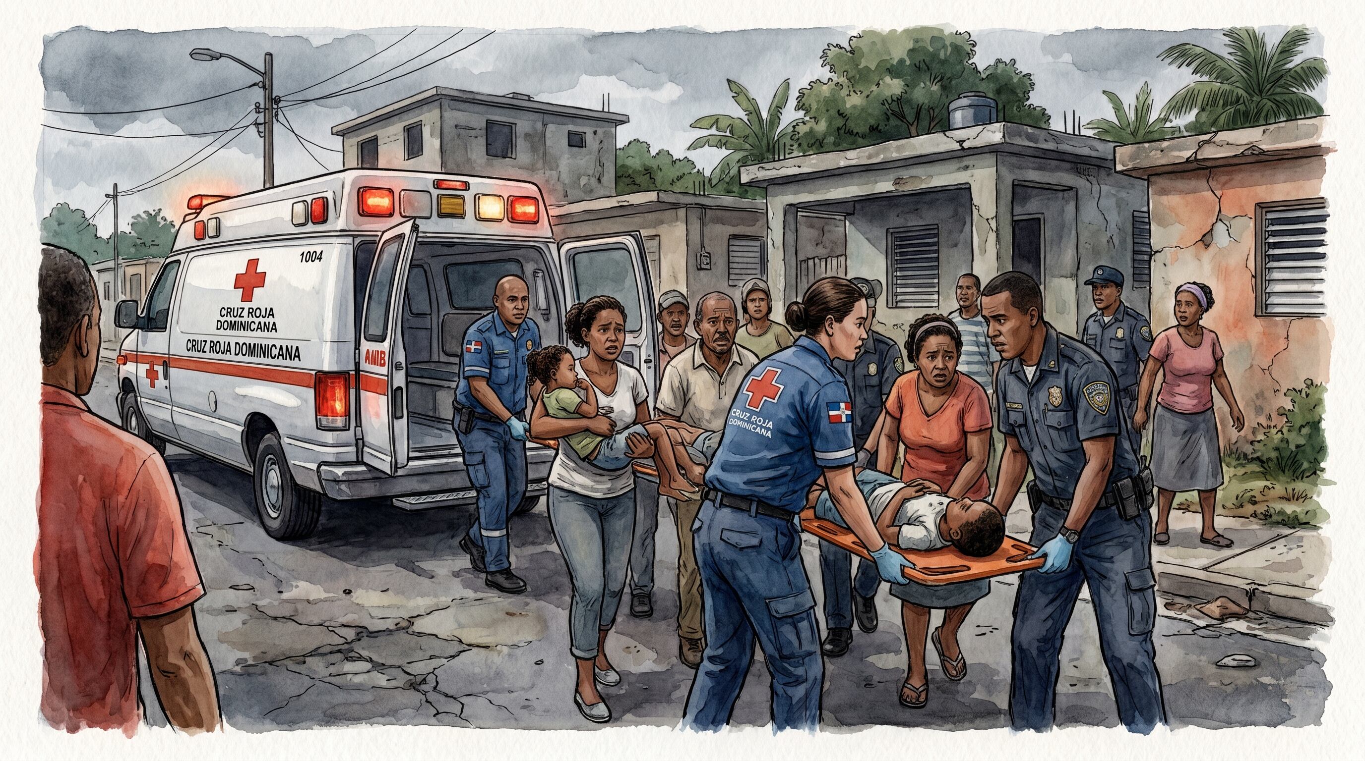 Vecinos y personal de la Cruz Roja Dominicana trasladan a niños heridos a una ambulancia en un barrio de Higüey, República Dominicana, reflejando urgencia y preocupación en la comunidad. (Imagen Ilustrativa Infobae)