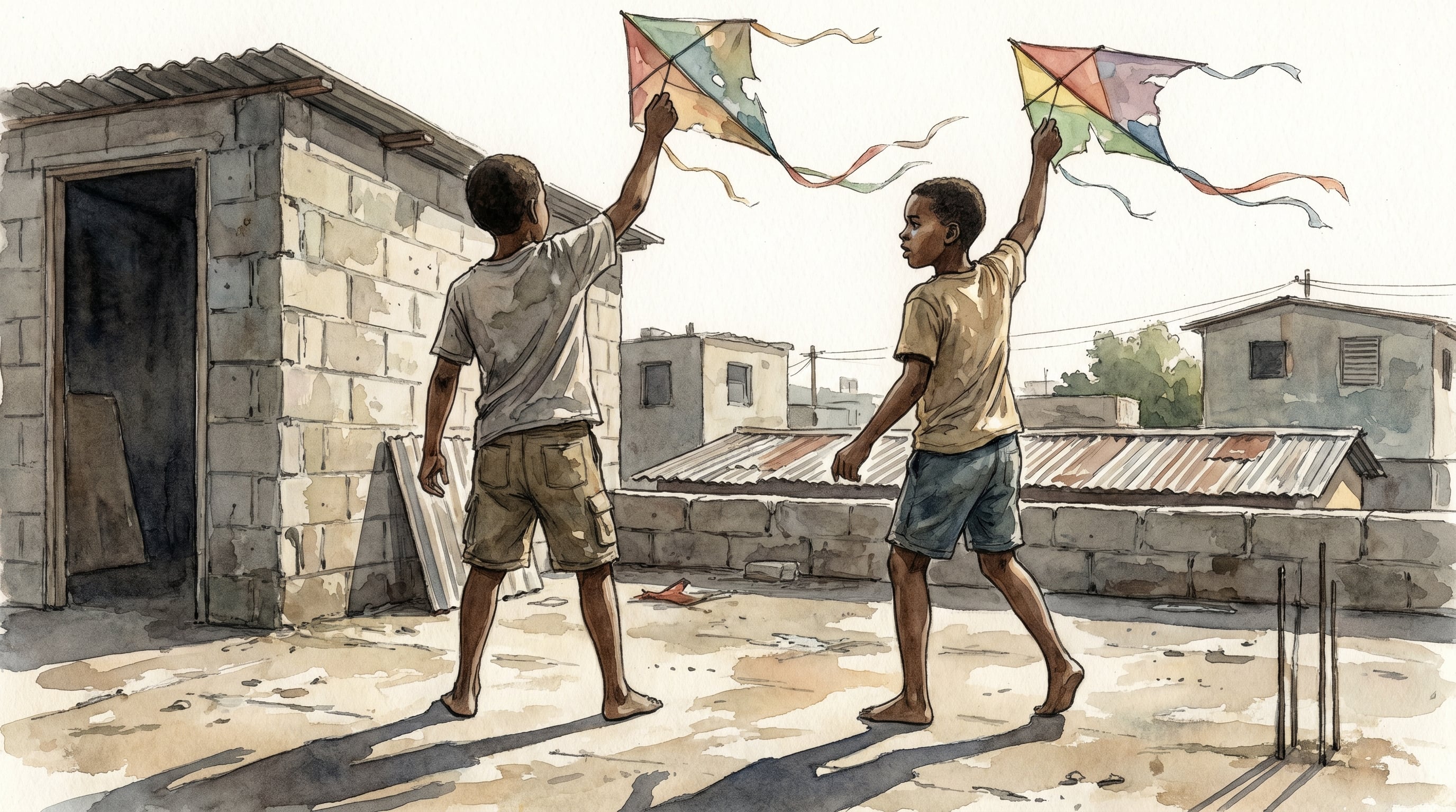 Dos niños de unos 10 años elevan cometas coloridas sobre el techo de una vivienda en República Dominicana, en una ilustración acuarela que evoca tensión y expectativa bajo la fuerte luz del mediodía. (Imagen Ilustrativa Infobae)