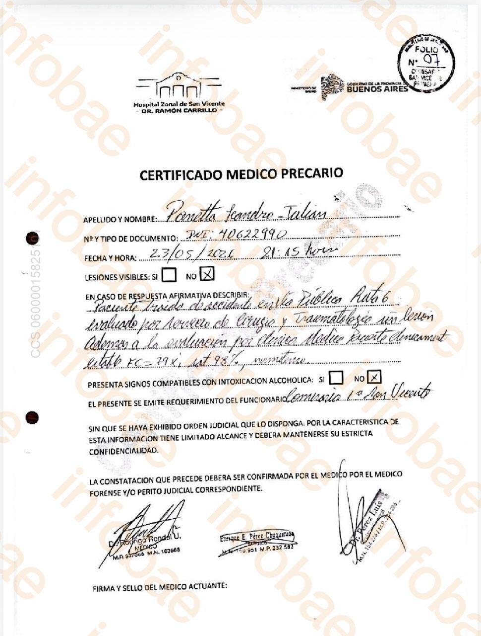 Panetta no tenía alcohol en sangre al momento del accidente.