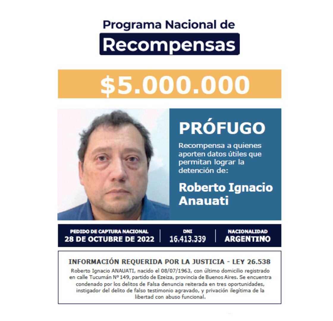 El Programa Nacional de Recompensas ofrece 5.000.000 de pesos por datos que lleven a la detención del ex comisario Roberto Ignacio Anauati, condenado por armar causas falsas
