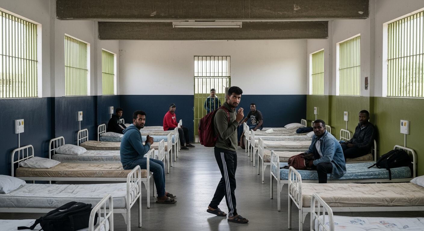 Migrantes de diversas edades y géneros esperan en un gran espacio institucional del Centro de Atención Temporal de Migrantes (CATEM), con literas metálicas y colchonetas básicas. (Imagen Ilustrativa Infobae)