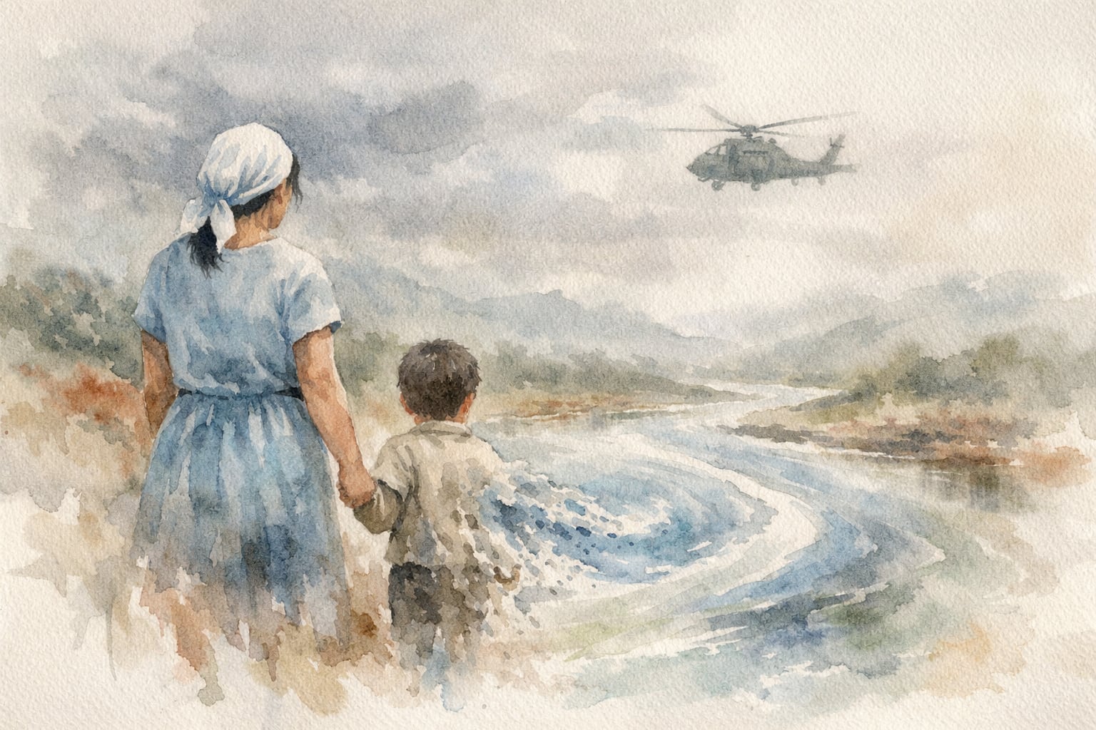 Una madre campesina y su hijo pequeño observan un río sinuoso, cuya mano se desvanece en el agua, simbolizando los ríos Sumpul y Gualsinga, con un helicóptero militar sobrevolando la escena. (Imagen Ilustrativa Infobae)