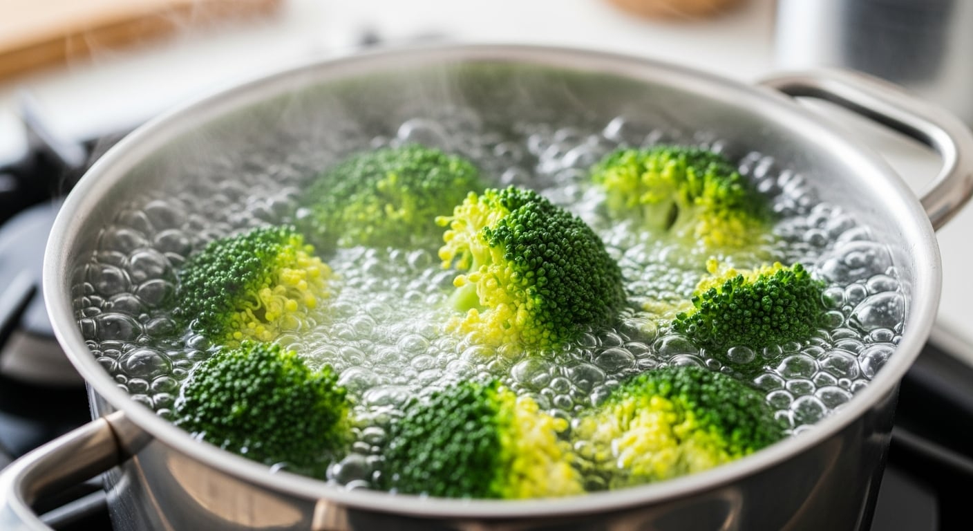 Brotes de brócoli fresco hirviendo en una olla de acero inoxidable con burbujas de vapor, destacando su preparación para una comida nutritiva y rápida. (Imagen Ilustrativa Infobae)