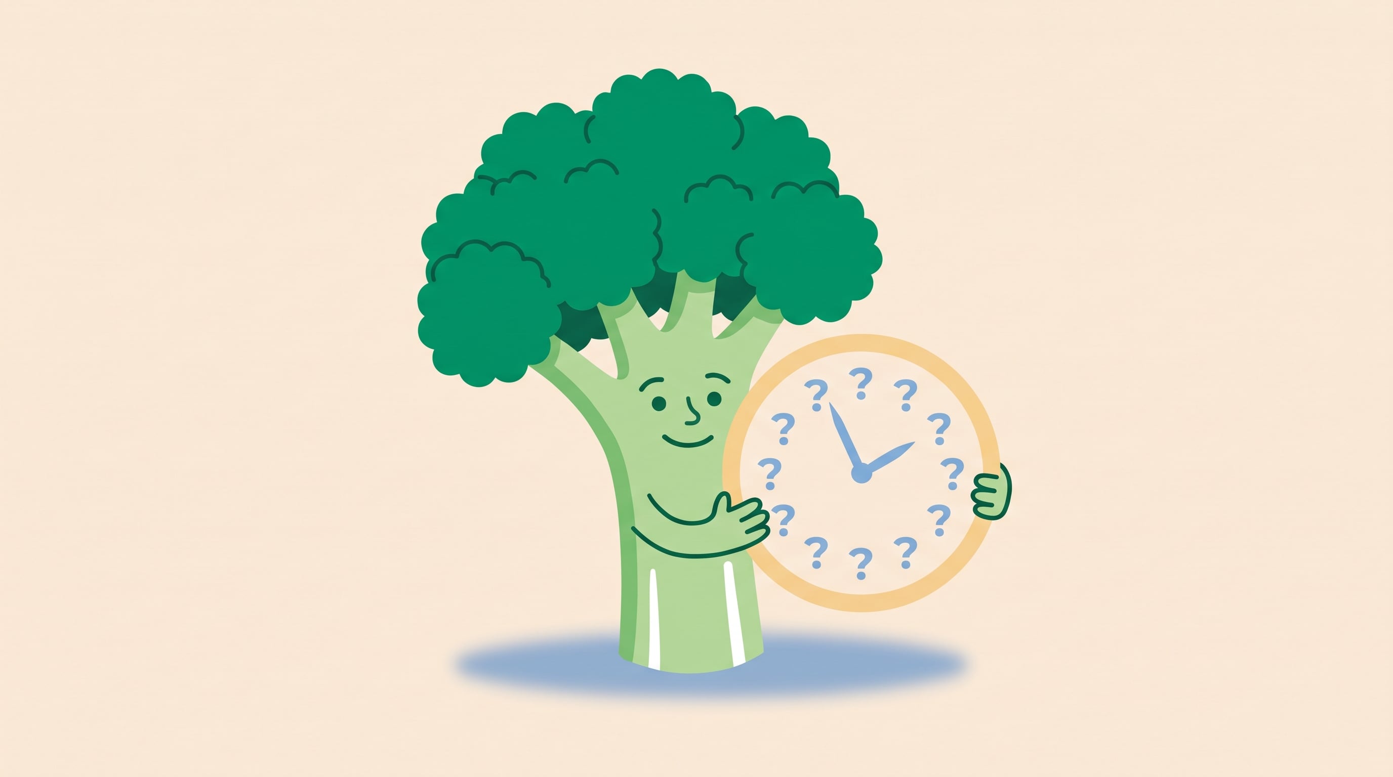Una ilustración editorial plana muestra un brócoli estilizado y sonriente en el centro, sosteniendo un gran reloj redondo con signos de pregunta en lugar de números, sobre un fondo beige suave. (Imagen Ilustrativa Infobae)