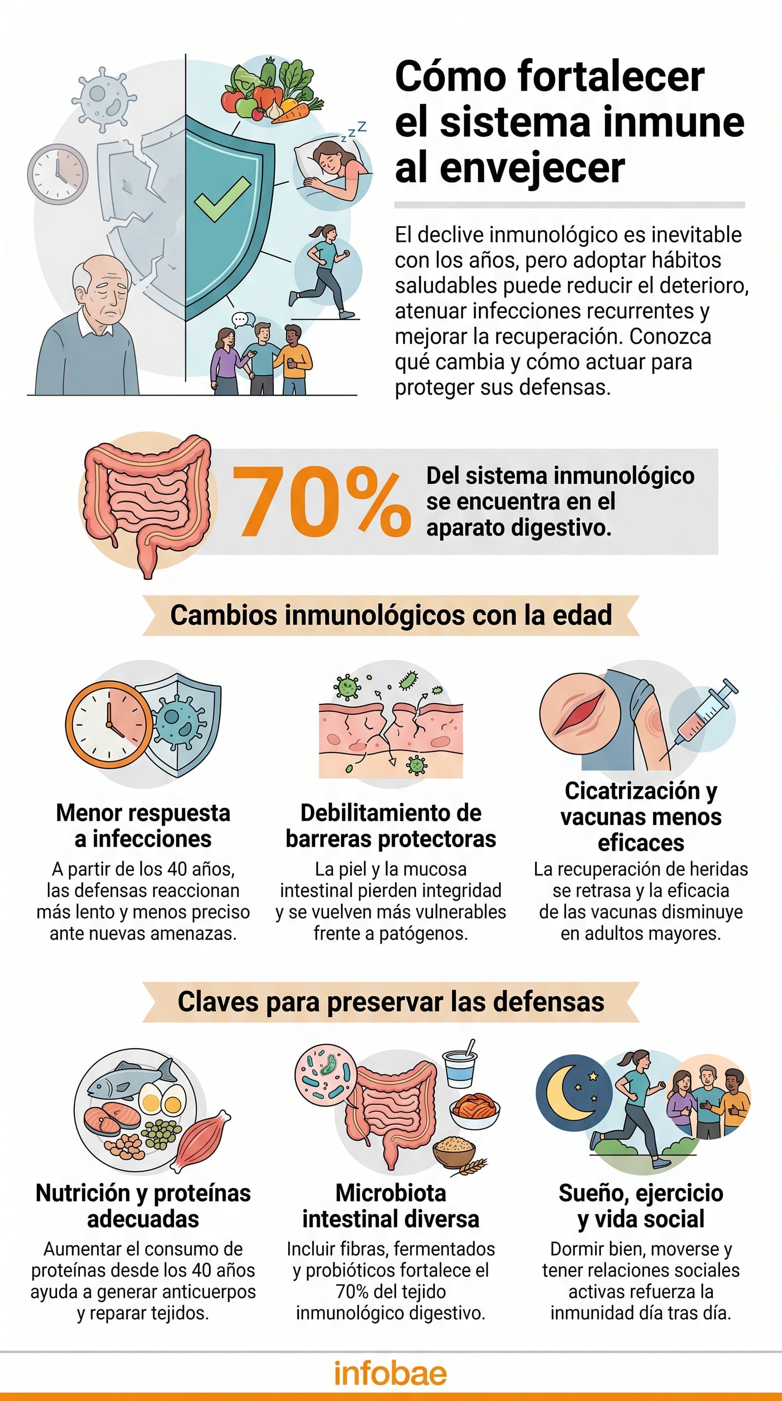 El envejecimiento reduce la eficacia del sistema inmunológico, elevando el riesgo de infecciones y fatiga persistente (Imagen Ilustrativa Infobae)