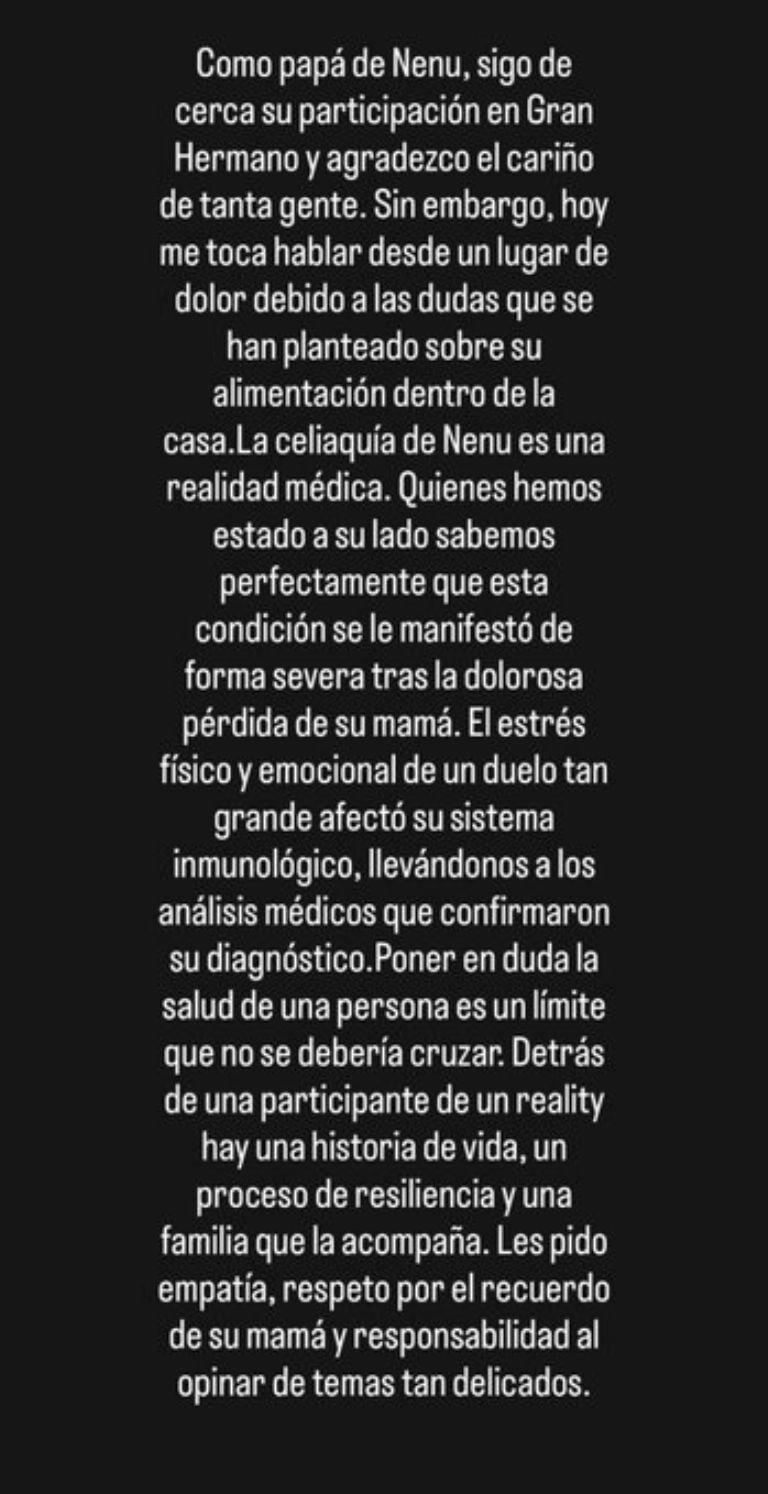 El padre de Nenu López, participante de Gran Hermano, emitió un comunicado expresando su preocupación por la salud de su hija y aclarando su condición celíaca.