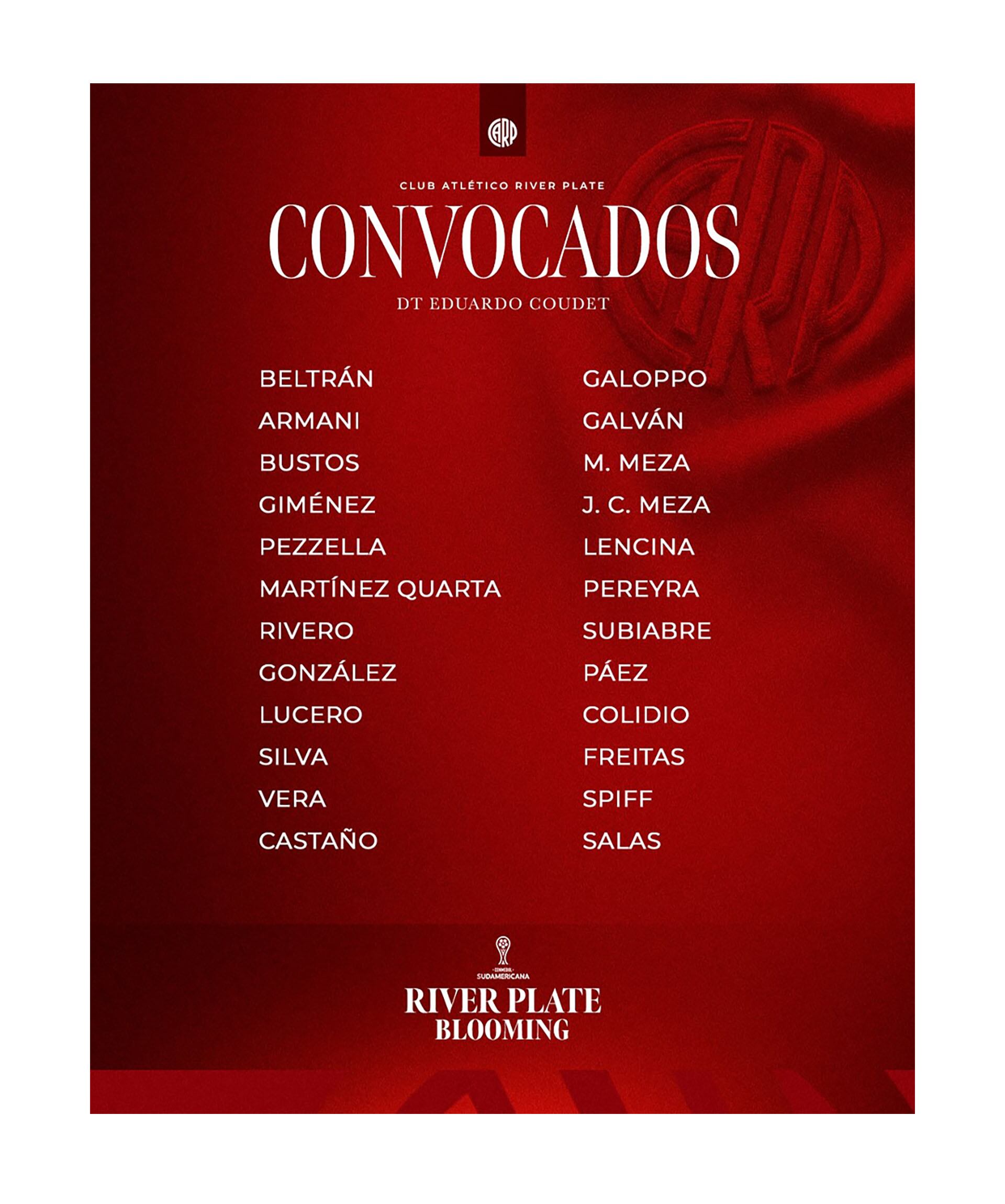 El Club Atlético River Plate ha publicado oficialmente la lista de jugadores convocados por el DT Eduardo Coudet para el enfrentamiento contra Blooming en la CONMEBOL Sudamericana.