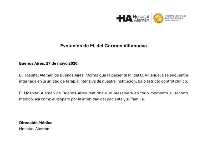 Parte médico de Pata Villanueva extendido por el Hospital Alemán